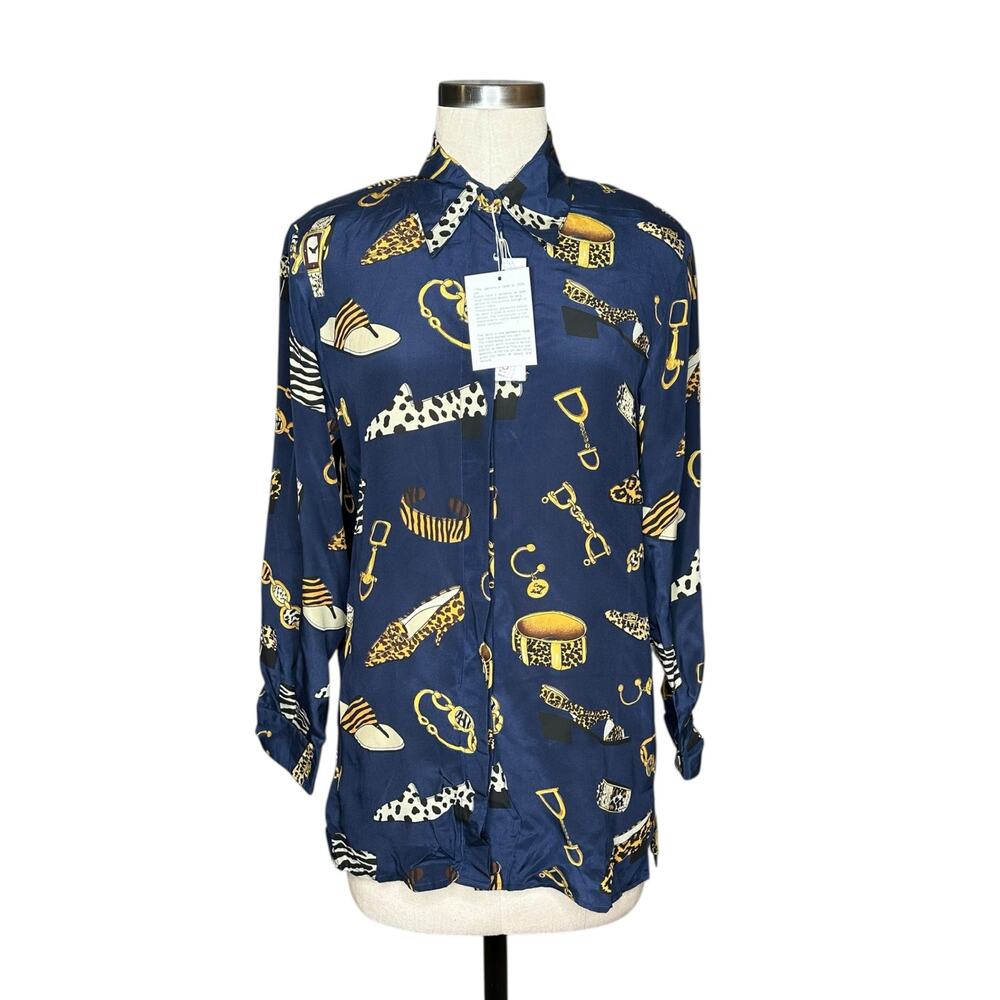 PIANO Vintage Blue Silk Patterned Long‎ Sleeve Blouse Buckle Purse Fashion Small